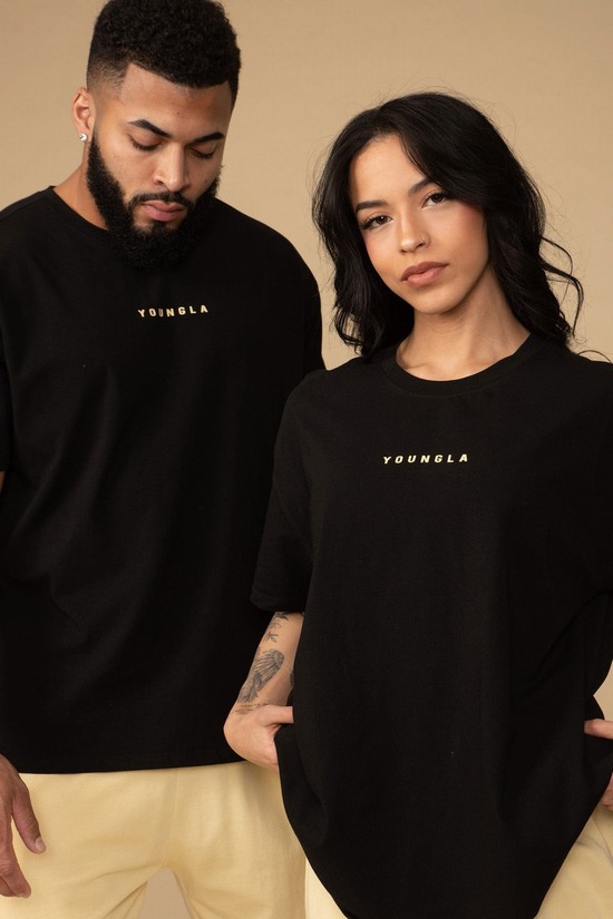 Camisas Youngla 434 Pastel Logo Hombre Negras | JHSRLXY-06