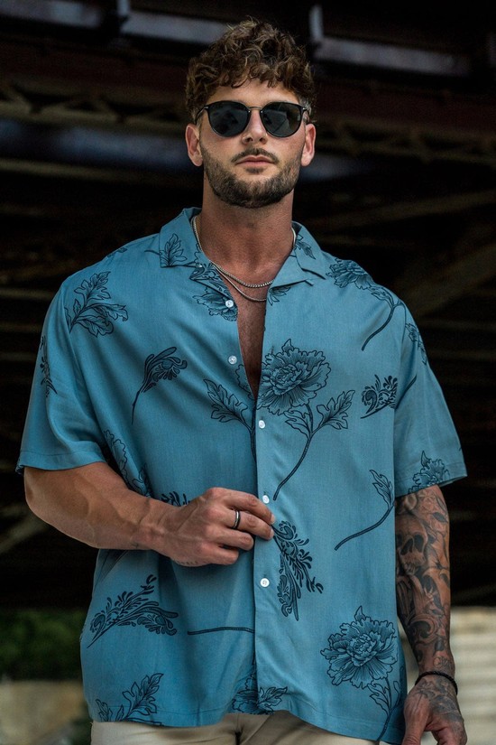 Camisas Youngla 445 Cabo Vibez Printed Hombre Azules | XHMKVGC-17