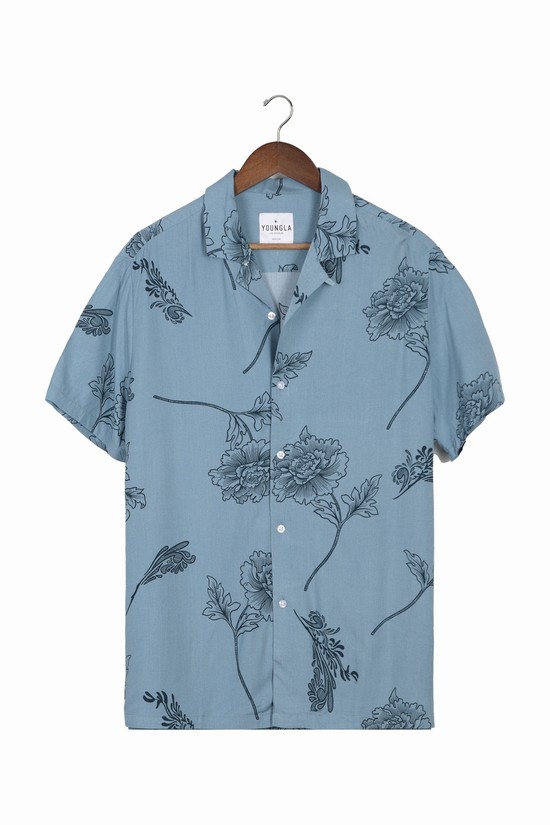 Camisas Youngla 445 Cabo Vibez Printed Hombre Azules Claro | YCRLOIH-56