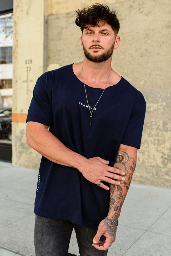 Camisas Youngla 447 Anchos Neck Raw Cut Hombre Azul Marino | WUTRXBQ-32