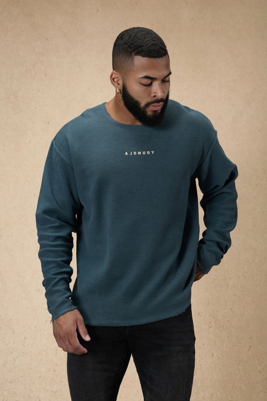 Camisas Youngla 816 Terry Raw Cut Reversible Longsleeves Hombre Azules | ZRJMHQP-95