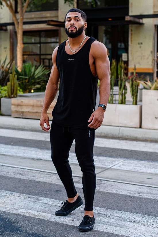 Camiseta Tirantes Youngla 325 Marine Slub Hombre Negras | YVZUWPO-25