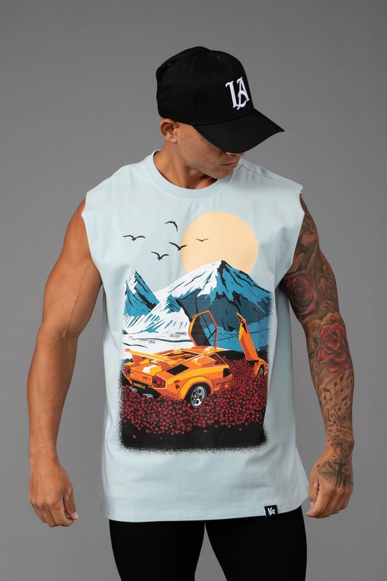 Camiseta Tirantes Youngla 329 Motion Picture Cut Offs Hombre Azules | AOGWYEM-97