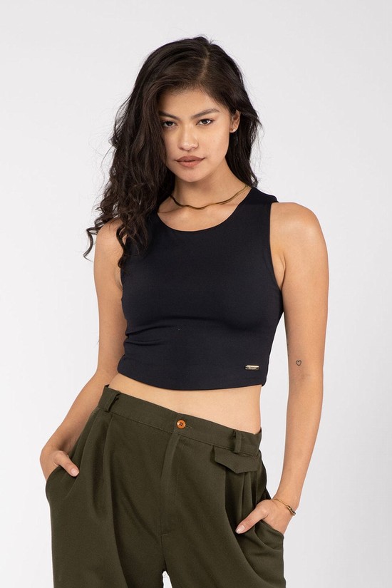 Camiseta Tirantes Youngla W305 Full Cover Crop Mujer Negras | KHULGWP-03