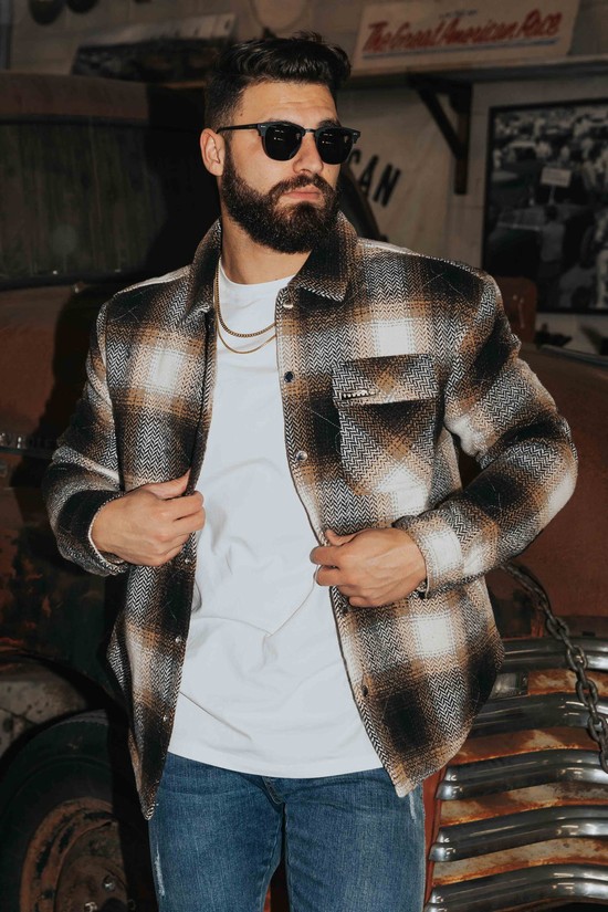 Chaquetas Youngla 556 High Profile Flannel Hombre Marrones Negras | POQCEBF-20
