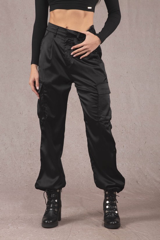 Pantalones Jogger Youngla W217 Gloria Satin Cargo Mujer Negras | AWCBNMK-69